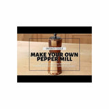 DIY wooden pepper mill on workbench with Infinity Tools make your own project instructions.