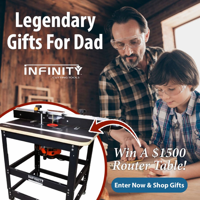 Father and son woodworking with safety glasses, featuring a router table giveaway and gift promotion.