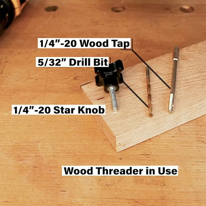 Wood threader kit with 1/4-20 wood tap, 5/32 drill bit, star knob on wooden board