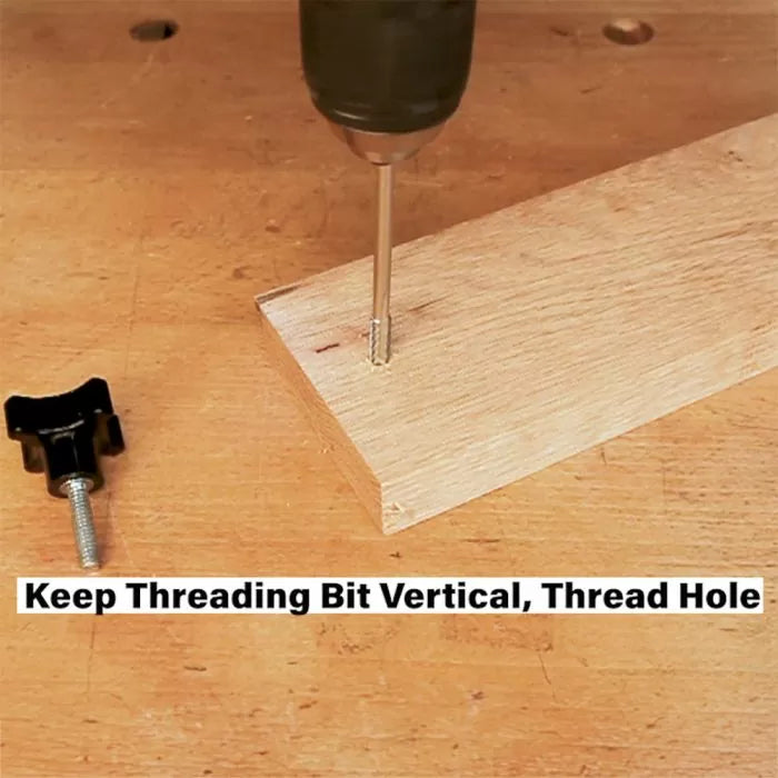 Threading bit drilling vertical hole in wood, woodworking tool on workbench