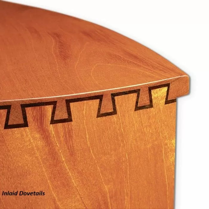 Close-up of inlaid dovetail joinery on polished wood box corner for woodworking precision