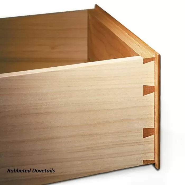 Close-up of a wooden drawer corner with rabbeted dovetail joinery for woodworking.