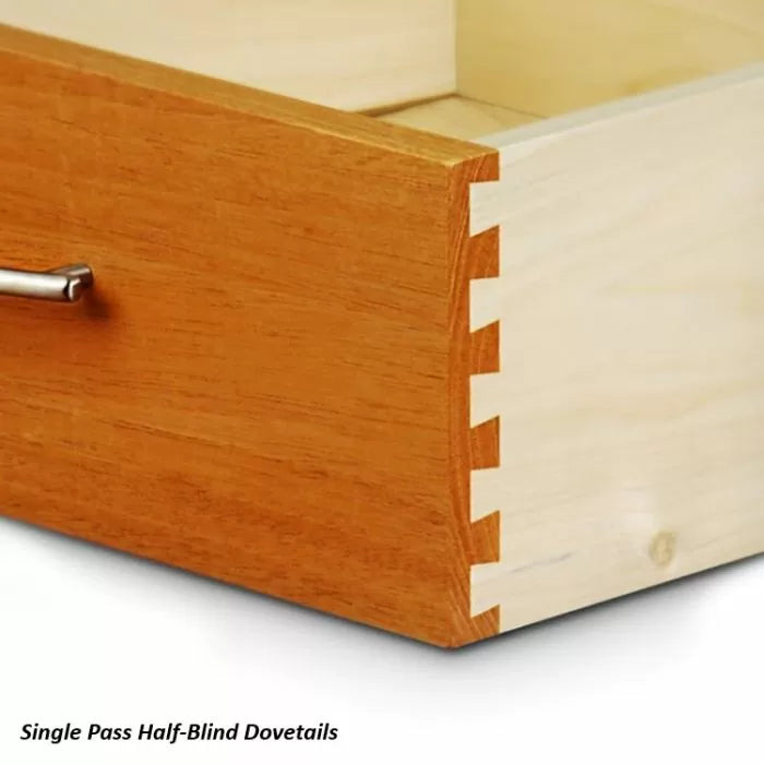 Single pass half-blind dovetail joints on a wooden drawer corner, showing precise joinery.