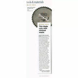 Laser kerf saw blade for woodworking, featured in Fine Woodworking magazine, highlighted for precise, minimal waste cuts.