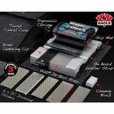 Multi-angle sharpening system kit with diamond stones, ergonomic carriage, leather strop, and accessory case.