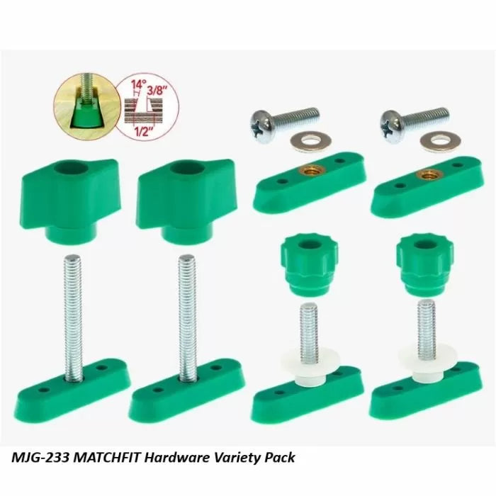MJG-233 MATCHFIT hardware variety pack with green knobs, screws, washers, and hardware for woodworking jigs