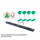 ZeroPlay 360 Sled Kit with MatchFit dovetail hardware, four green clamps, and hex key for woodworking jigs