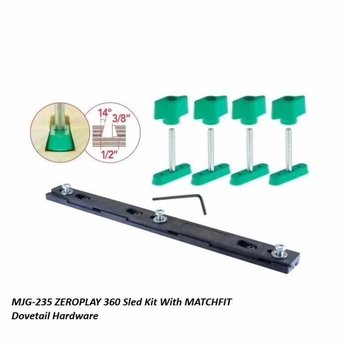 ZEROPLAY 360 sled kit with MATCHFIT dovetail hardware, screws, and hex key for woodworking sleds.