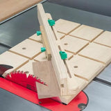 Woodworking table saw sled jig with adjustable fence in use for precise angled cuts