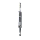 Self-centering drill bit for woodworking, silver metal, isolated on white background