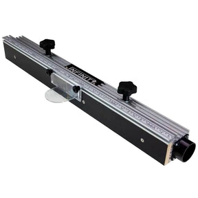 Aluminum router table fence with adjustable knobs, dust port, and clear guard for woodworking