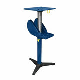 Adjustable blue woodworking tool stand with metal base and flat mounting plate