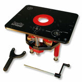 Router lift with black top plate, adjustment handle, and crank for woodworking