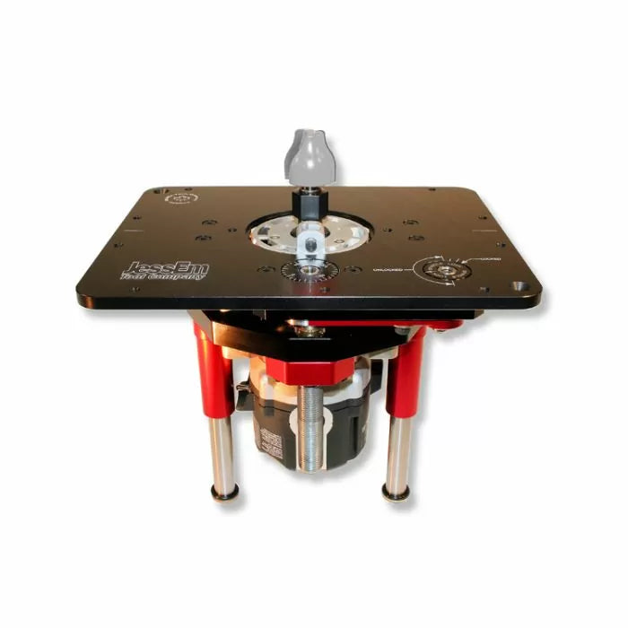 Router lift system with precision adjustment plate and sturdy red support legs