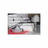 Setup block for 55-505 lapped miter router bit with two metal router bits and white block