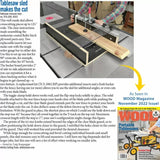 Tablesaw crosscut sled on a saw table with plywood, safety clamp, and miter gauge in use.