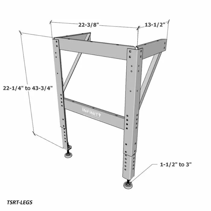 Adjustable steel table saw stand legs with labeled dimensions for woodworking.