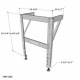 Adjustable steel table saw stand legs with labeled dimensions for woodworking.