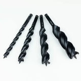 Set of four black wood auger drill bits for woodworking on white background