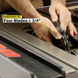 Person installing Dadonator XL dado blades on a table saw for woodworking precision cuts